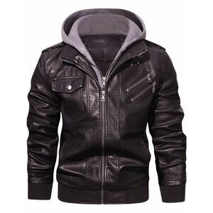 Men's Faux Leather Zip-Up‎ Motorcycle Bomber Jacket XL with a Removable Hood